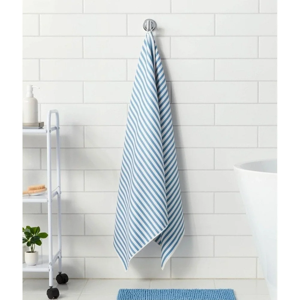 Pair of Blue White Stripe Bath Towel Cotton Blend Quick‎ Dry Soft Absorbent